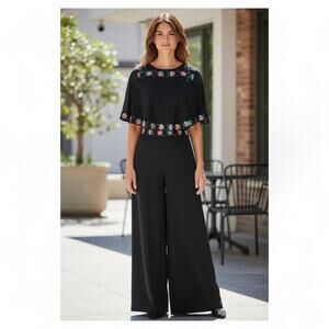 VTG Wide Leg Jumpsuit Sheer Cape Overlay Small Black 70s Retro Party Glam Mod